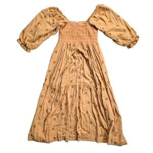 Free People Dahlia Embroidered Maxi Dress Womens Large Yellow Gold Floral